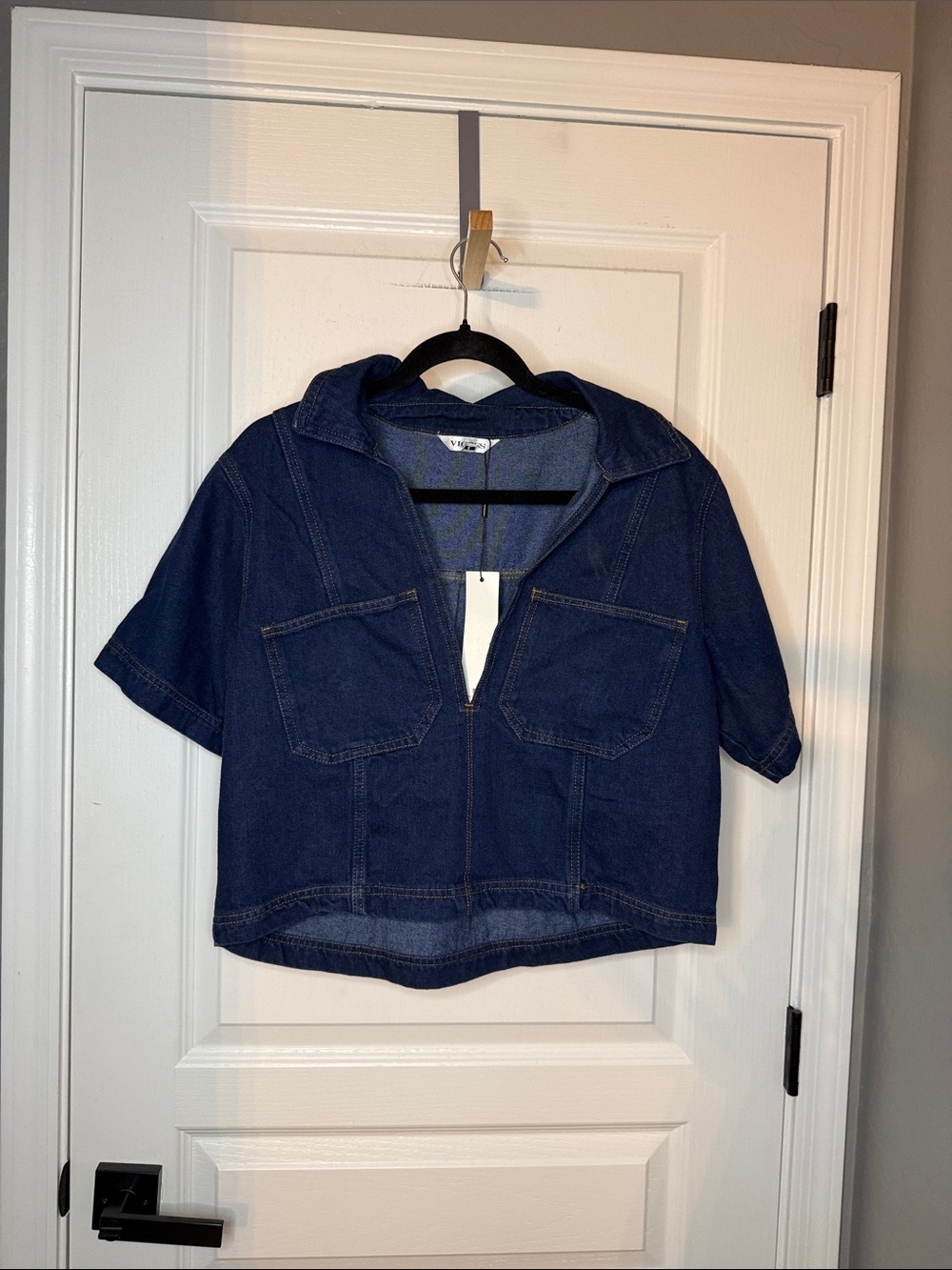 Vigoss Dark Blue Denim Zip-Front Short Sleeve Top